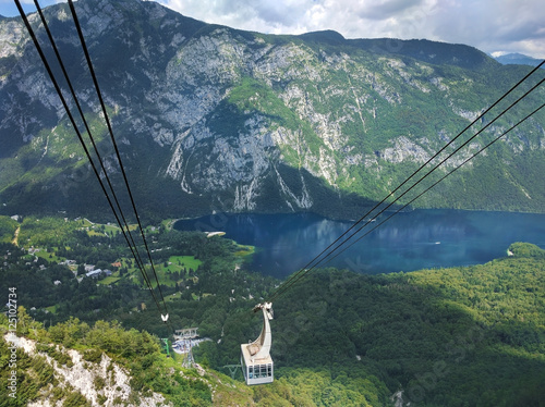 Cable car goes up to mountain Vogel in Bohinj, Slovenia