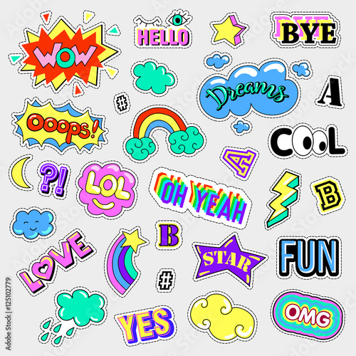 Pop art set with fashion patch badges. Stickers  pins  patches  quirky  handwritten notes collection. 80s-90s style. Trend. Vector illustration isolated. Vector clip art.