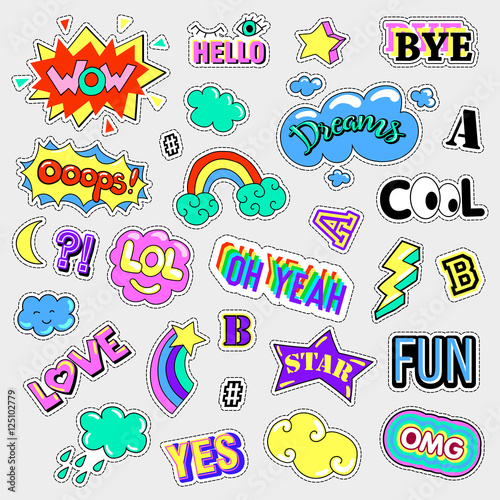 Pop art set with fashion patch badges. Stickers, pins, patches, quirky, handwritten notes collection. 80s-90s style. Trend. Vector illustration isolated. Vector clip art.