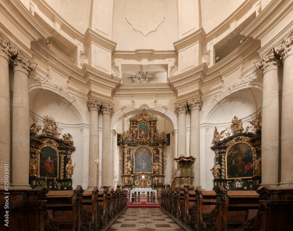 Church of Saint Josef in Lesser Town (Mala Strana), Prague.
The view of the altar and theinterior of the church. Church of Saint Josef in Lesser Town (Mala Strana), Prague.
The view of the altar and theinterior of the church.