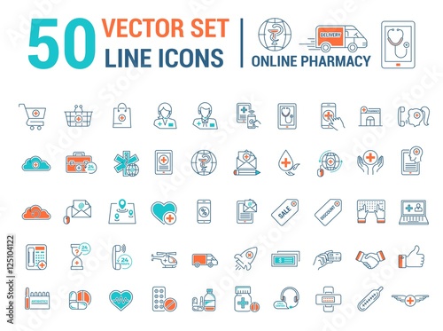 Vector graphic set. Silhouette, logo, icon. Online pharmacy, Internet drug store.Medical equipment in linear, flat, contour, thin design. App, Web site template, infographic.