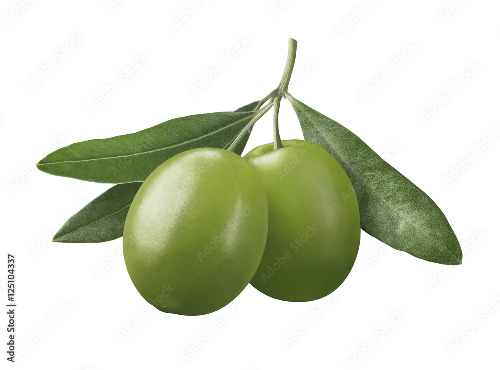 Obraz premium Green double olives on branch isolated on white