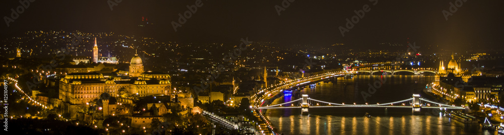 Budapest in the night, the Danube, the Parliament and the Buda Castle