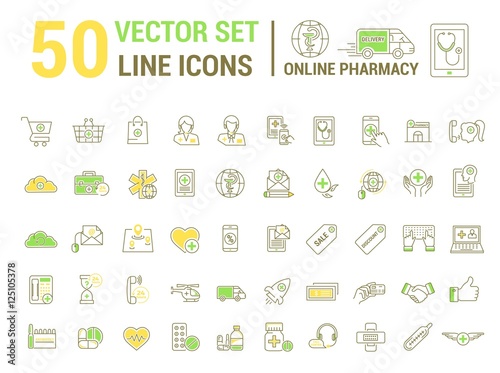 Vector graphic set. Silhouette, logo, icon. Online pharmacy, Internet drug store.Medical equipment in linear, flat, contour, thin design. App, Web site template, infographic.