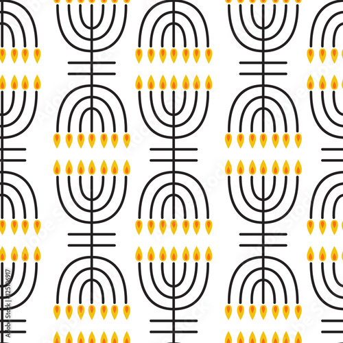 Hanukkah seamless pattern. Hanukkah symbols. Hanukkah candles, menorah, sufganiot and dreide. Vector illustration for jewish holiday Hanukkah.