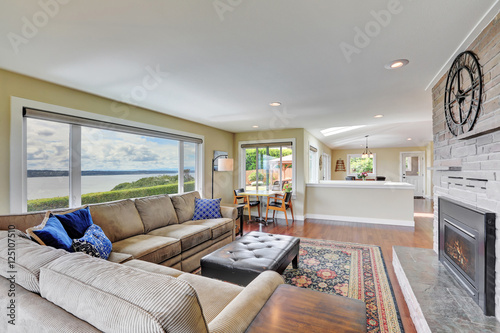 Cozy family room with stone brick wall