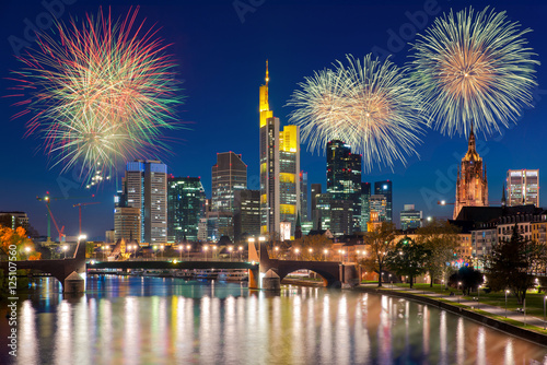 City of Frankfurt am Main at night with firework New year 2017