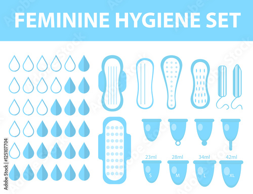 Menstruation feminine hygiene set. Pads, pantyliners, tampons, menstrual cup. Female hygiene products. Women's hygiene. Flat style. Vector illustration.