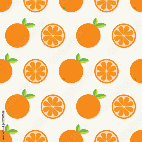 Orange fruit set with leaf in a row. Cut half Healthy lifestyle food. Seamless Pattern White background. Flat design.