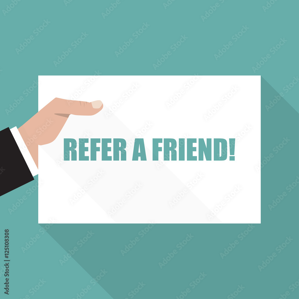Refer a friend. Hand with sheet of paper with long shadow Refer a friend. Hand with sheet of paper with long shadow