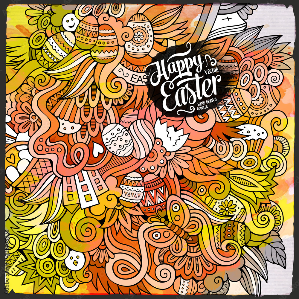 Cartoon hand-drawn Easter doodles watercolor art background