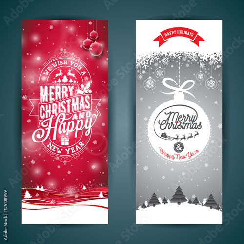 Vector Merry Christmas and Happy New Year greeting card illustration with typographic design and snowflakes on winter landscape background.