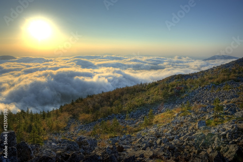 HDR image of majestic sunset of the Russian Primorye mountains l