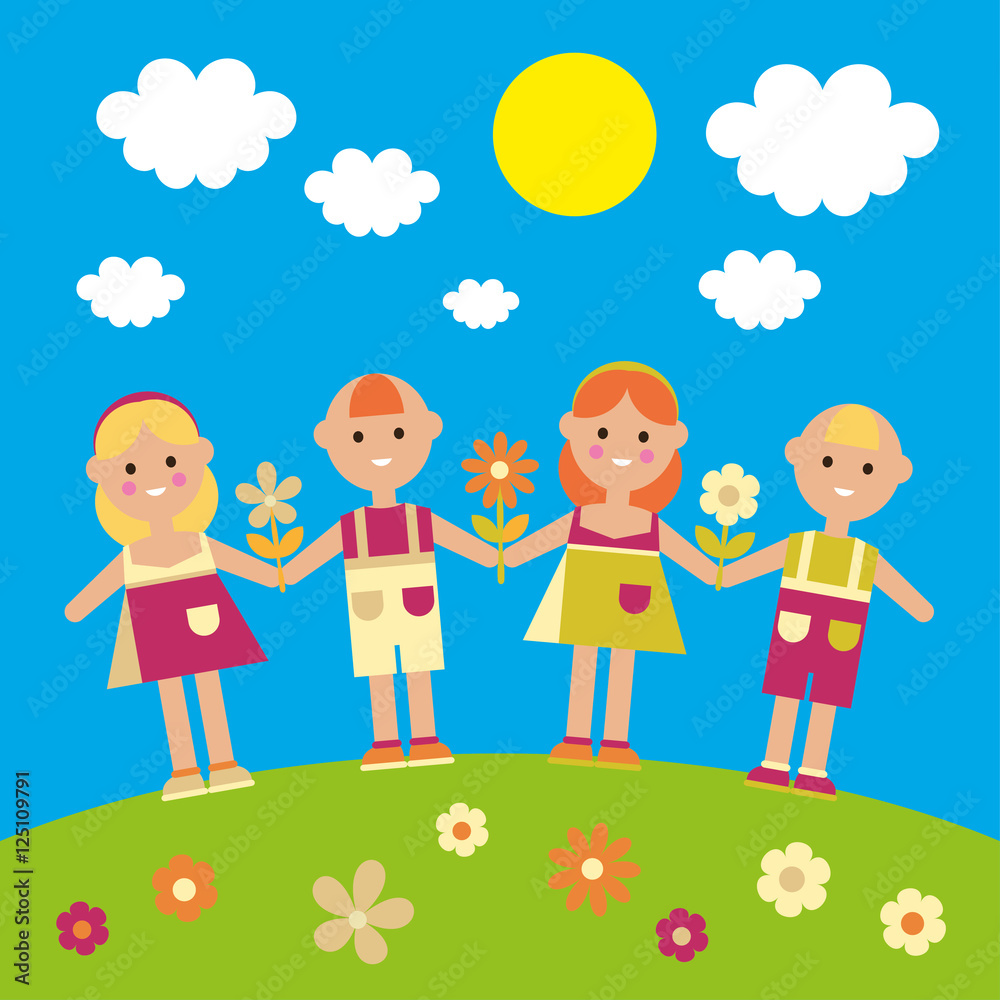 Poster with children on a green lawn. Vector illustration. 