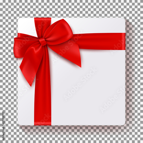 Realistic gift box isolated on transparent backdrop. Vector illustration. Top view on Xmas gift with red bow. Template for greeting card on Christmas, New Year, birthday and anniversary.