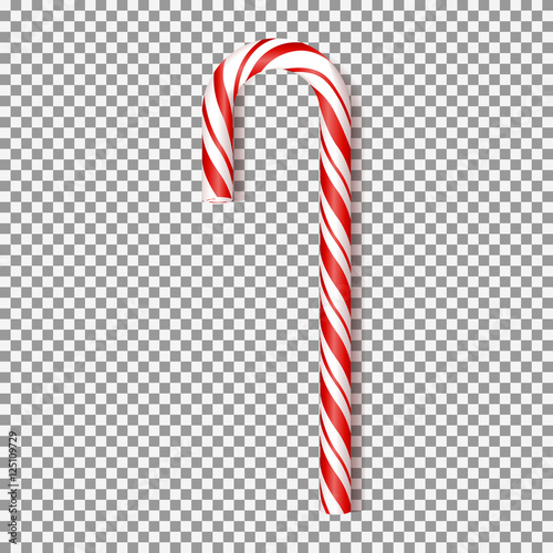 Realistic Xmas candy cane isolated on transparent backdrop. Vector illustration. Top view on icon. Template for greeting card on Christmas and New Year.