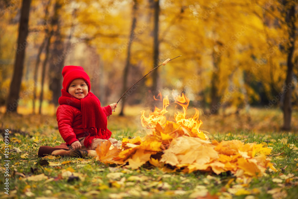 fun happy child preparing food on autumn leaves fire fun happy child preparing food on autumn leaves fire