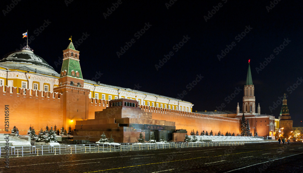 Night view of Moscow Red Square, Mausoleum of Lenin and Russian Night view of Moscow Red Square, Mausoleum of Lenin and Russian