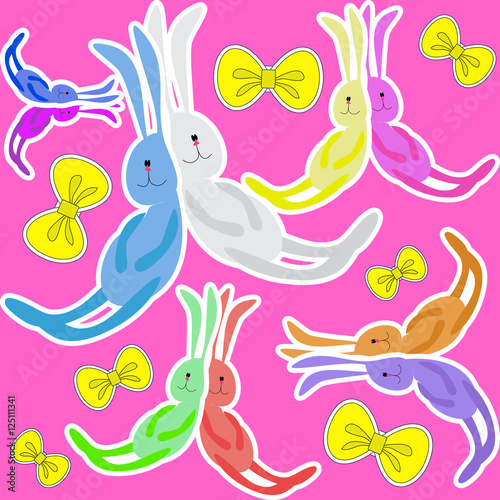 colorful rabbits on pink seamless background