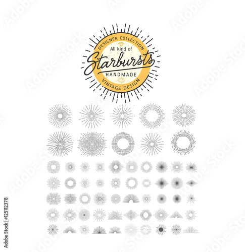 Collection of trendy hand drawn retro sunburst/bursting rays design elements