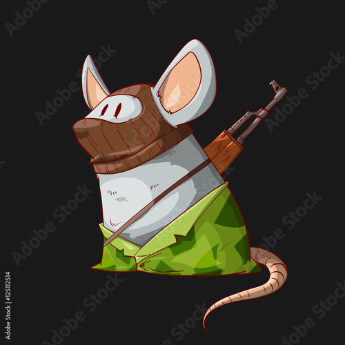 Colorful vector illustration of a cartoon mouse or rat terrorist, wearing a mask, camouflage clothes and armed with an assault rifle