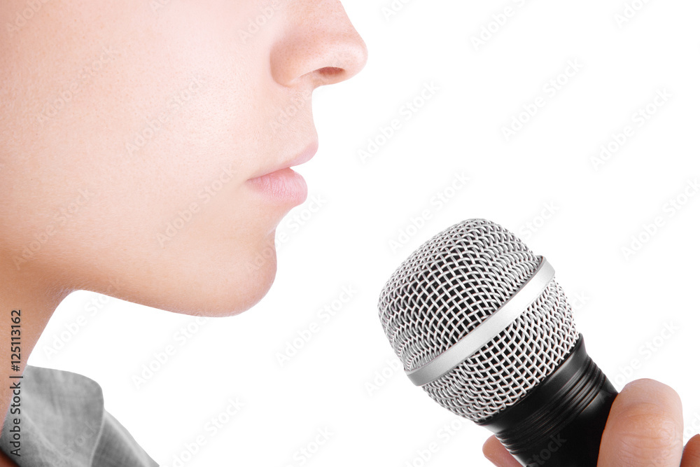 Microfono con bocca cantante o discorso o intervista - obrazy, fototapety, plakaty 