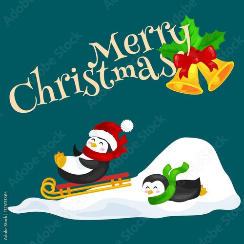 two happy cute Christmas penguin in hat and scarf sledding snow ice slides on the eve of the new year. Greeting vector illustration