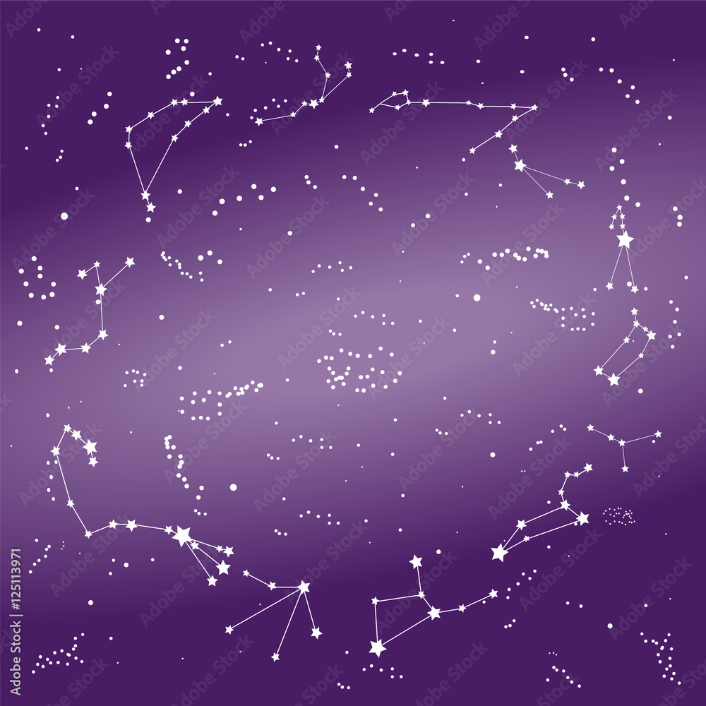 Zodiac Constellations on the Night Sky, Milky Way. Vector Illustration. Zodiac Constellations on the Night Sky, Milky Way. Vector Illustration.