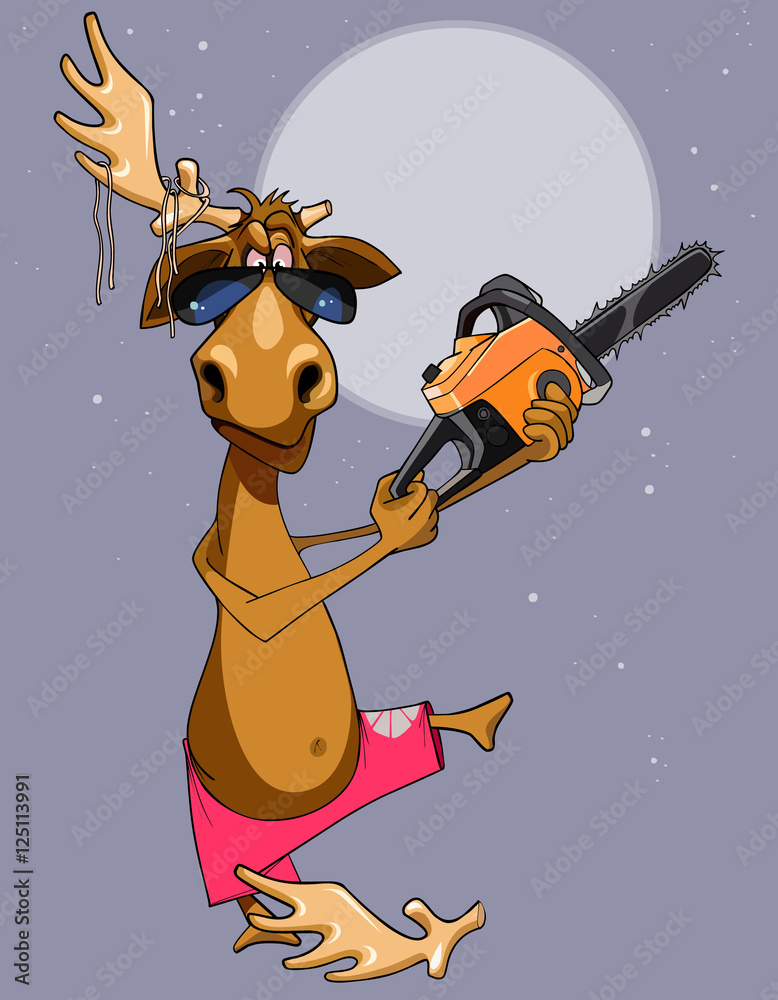 Fototapeta premium cartoon funny moose with noodles on the horn cut to myself the horn a chainsaw