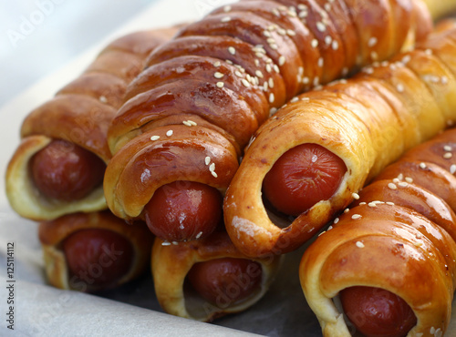 Freshly baked pork sausage rolls a traditional snack of sausagemeat baked in puff or flaky pastry photo