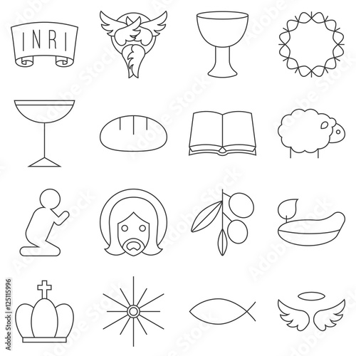 Christian and christmas thin line icon set include christian symbols such as fish, thorn, star of bethelehem photo