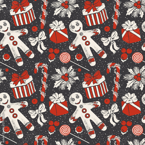 Vintage Christmas Hand-drawn Pattern with Gingerbread Man, Candy Cane and Gifts 