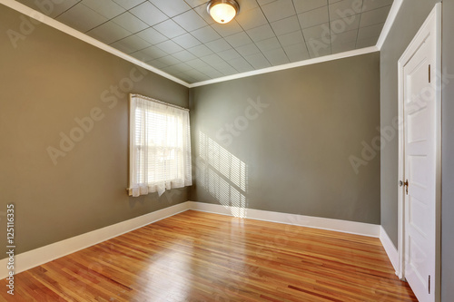 Brown gray walls in empty room with hardwood floor