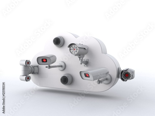 3D illustration of a cloud storage security concept with CCTV cameras