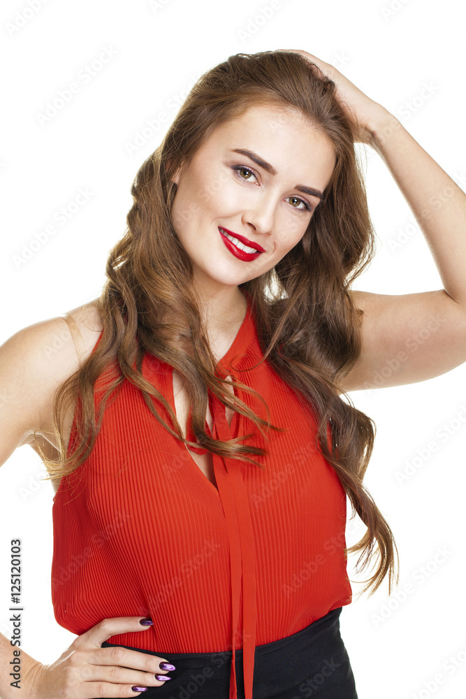 Happy beautiful brunette woman in red blouse Happy beautiful brunette woman in red blouse