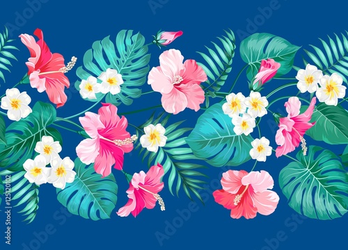 Floral linear tile design in the center. Design for print. Elegant card pattern. Tropical plumeria and green palm leaves. Light fabric swatch with pradise flowers isolated over blue background.