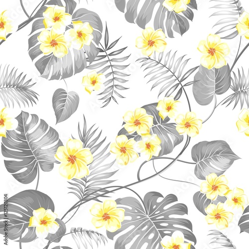 Tropical flowers and jungle palms. Beautiful fabric pattern with a tropical plumeria isolated over gray background. Seamless texture. Vector illustration.