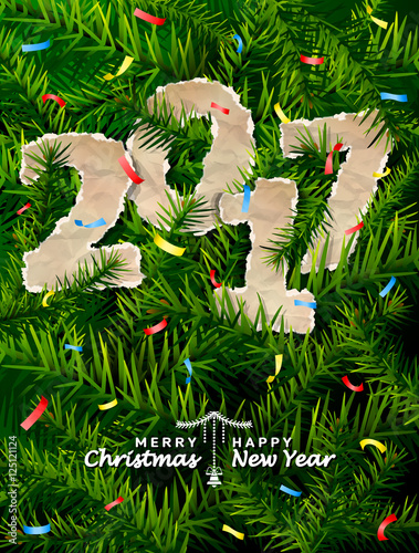New Year 2017 of crumpled paper between pine twigs. Paper year numbers is strewn with confetti on christmas tree. Vector image for new years day, christmas, winter holiday, new years eve, silvester