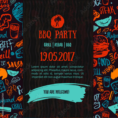 BBQ opening party announcement. Doodle hand-drawn poster with barbeque accessories, lettering, event date and time vector illustration