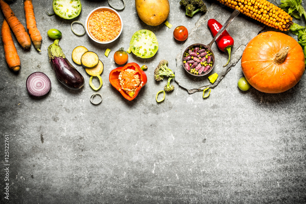 Healthy food. Pieces of fresh vegetables and beans. Healthy food. Pieces of fresh vegetables and beans.