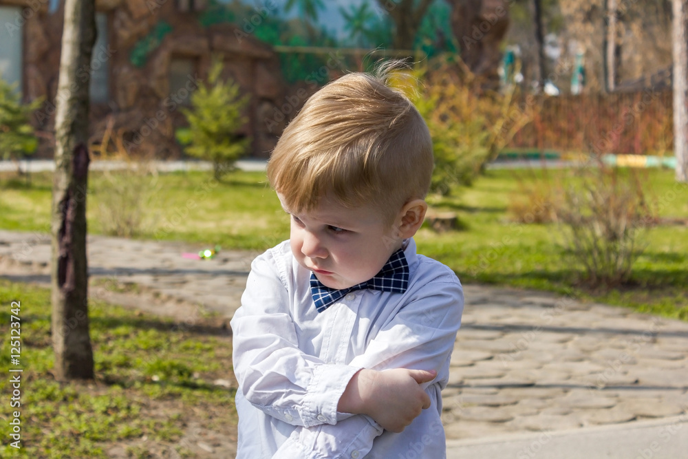 Small blond boy is posing on camera Small blond boy is posing on camera