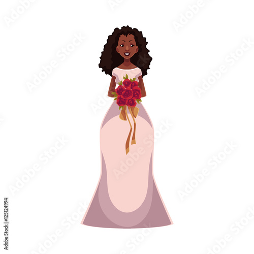 African American bride, fiancee, just married woman, cartoon vector illustration isolated on white background. Black bride in fashionable wedding dress getting married