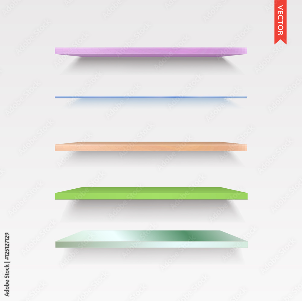 Set of Glass, Wood, Plastic, Metal Shelves in Vector Isolated on Set of Glass, Wood, Plastic, Metal Shelves in Vector Isolated on