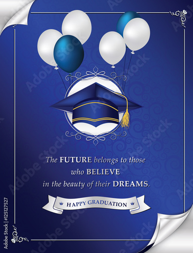 Happy Graduation greeting card for print. Congratulation for your graduation. Elegant printable greeting card containing a graduation cap / hat, balloons and a motivational message. CMYK colors used. photo