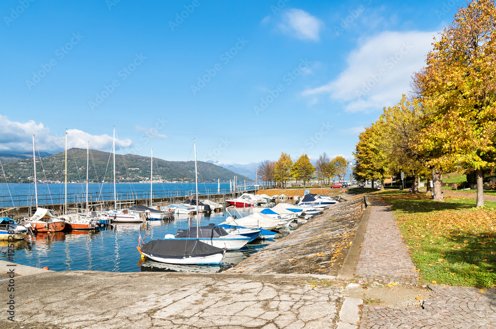 Harbor of small town Ispra on the eastern coast of lake Maggiore, Italy 