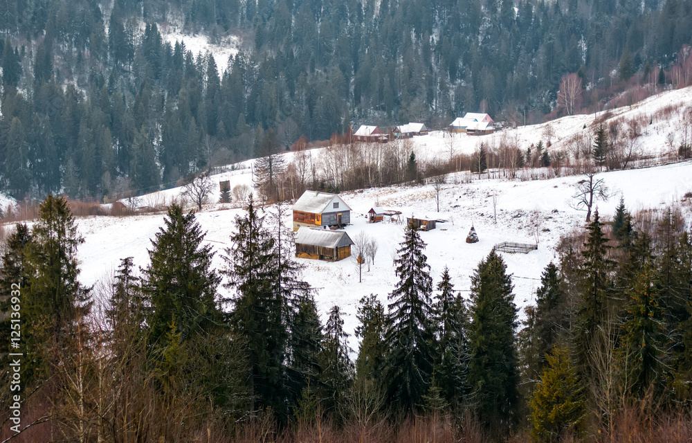 wooden house in the winter forest of fir trees and mountains