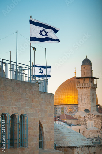 Flag of Israel. Dome of the Rock in the old city of Jerusalem, Israel.