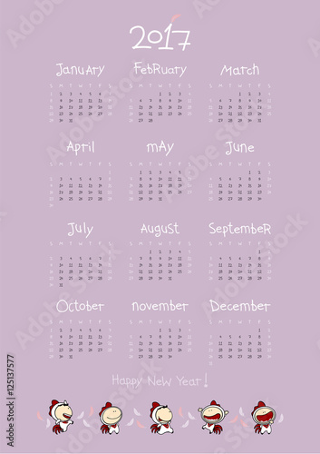 Calendar for the year 2017 with Roosters