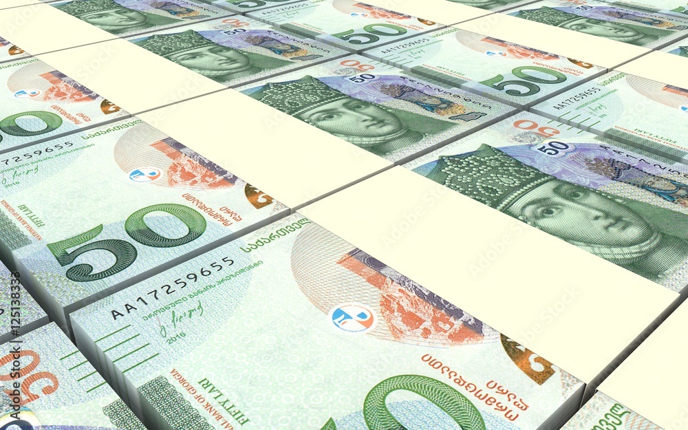 Obraz premium Georgian lari bills stacks background. 3D illustration.