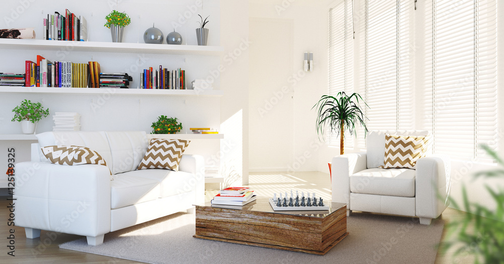 Salotto con divano bianco e poltrona luminoso nuovo minimal - obrazy, fototapety, plakaty 